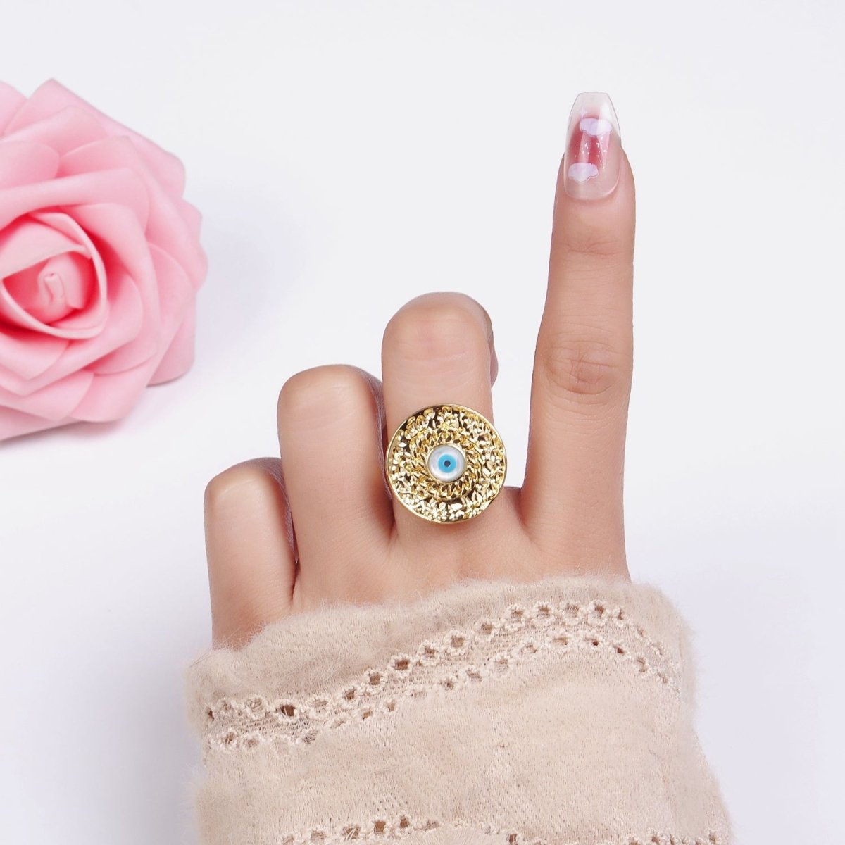 14K Gold Filled Evil Eye Curb Hammered Round Ring | O1341