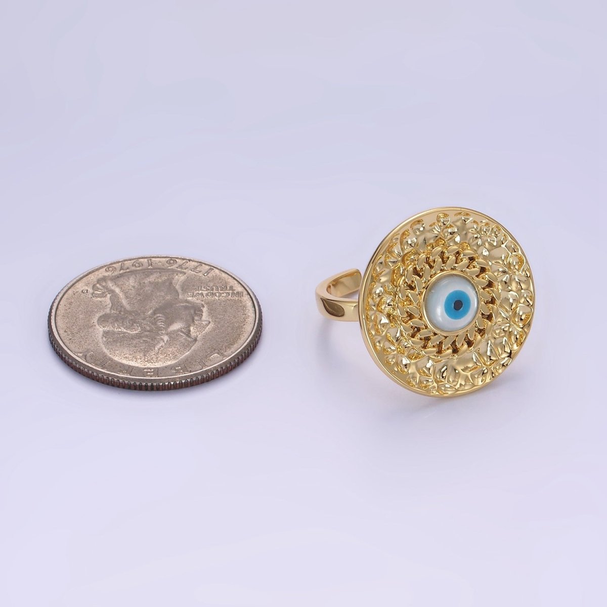 14K Gold Filled Evil Eye Curb Hammered Round Ring | O1341