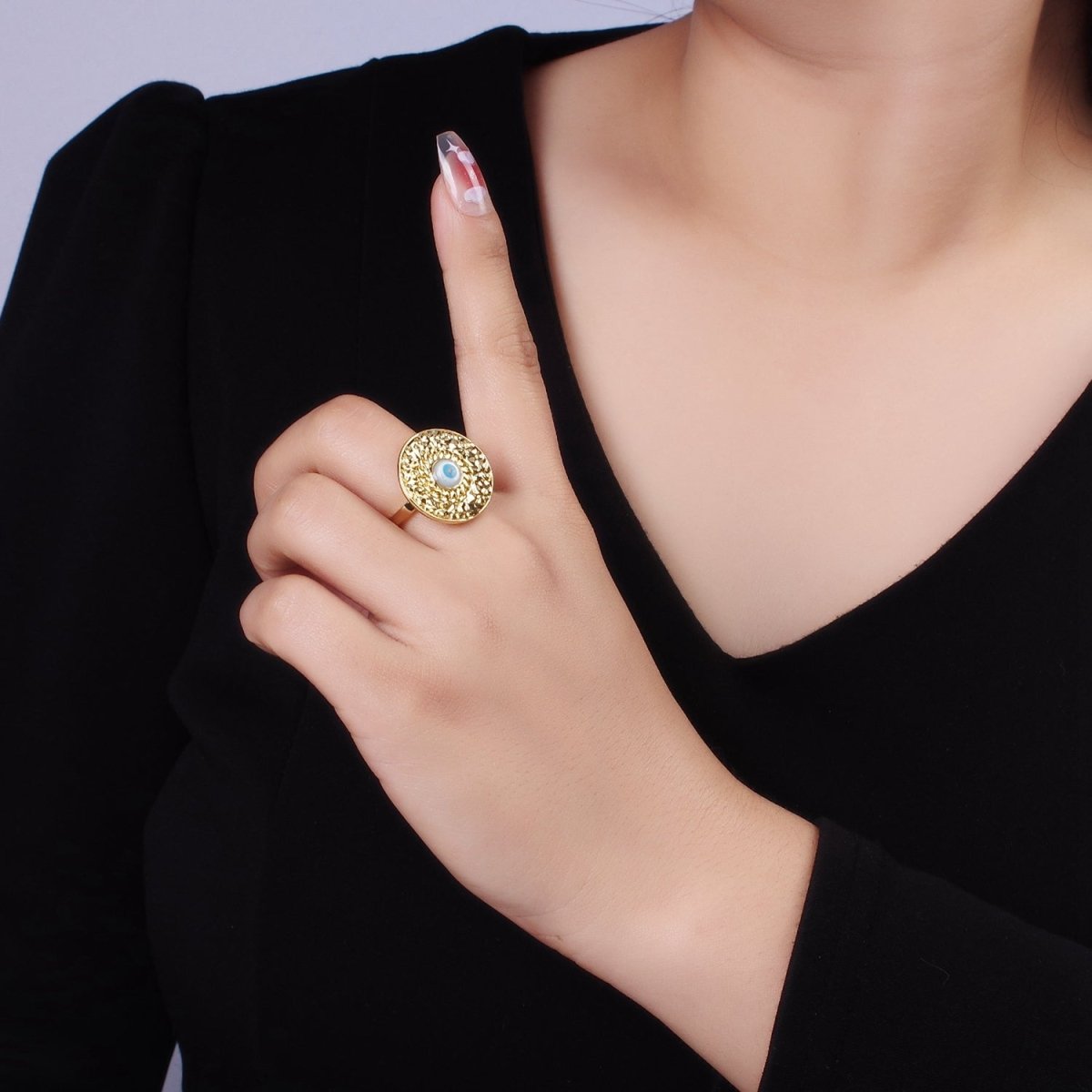 14K Gold Filled Evil Eye Curb Hammered Round Ring | O1341