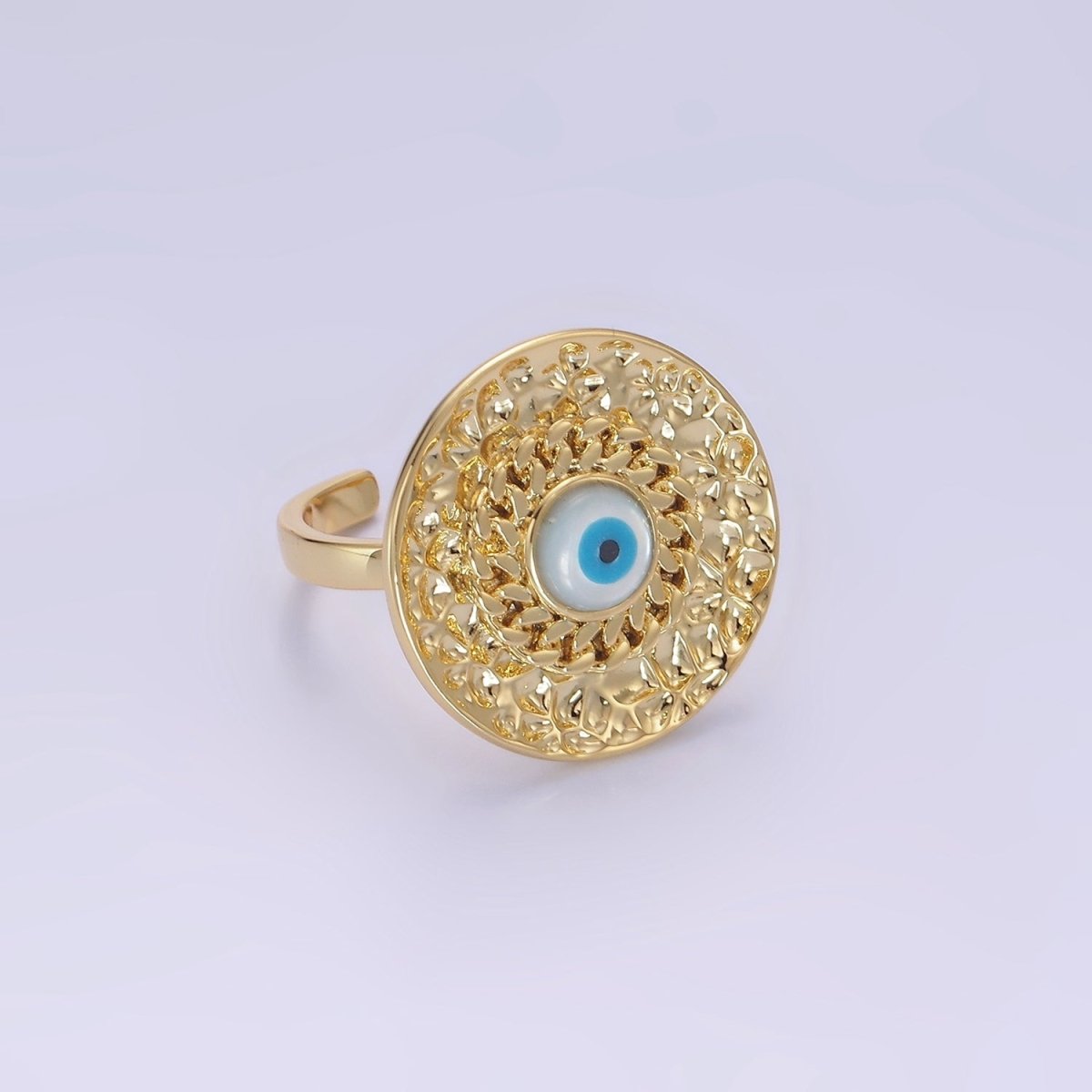 14K Gold Filled Evil Eye Curb Hammered Round Ring | O1341