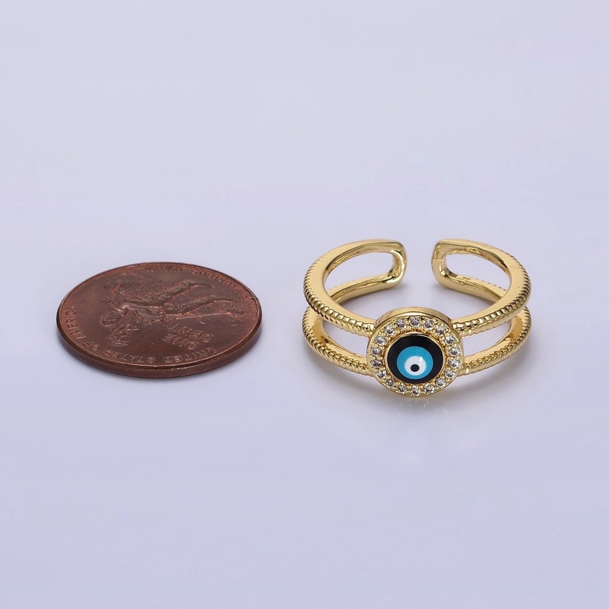 14K Gold Filled Evil Eye Enamel Round Micro Paved CZ Line-Textured Double Band Ring | O-597