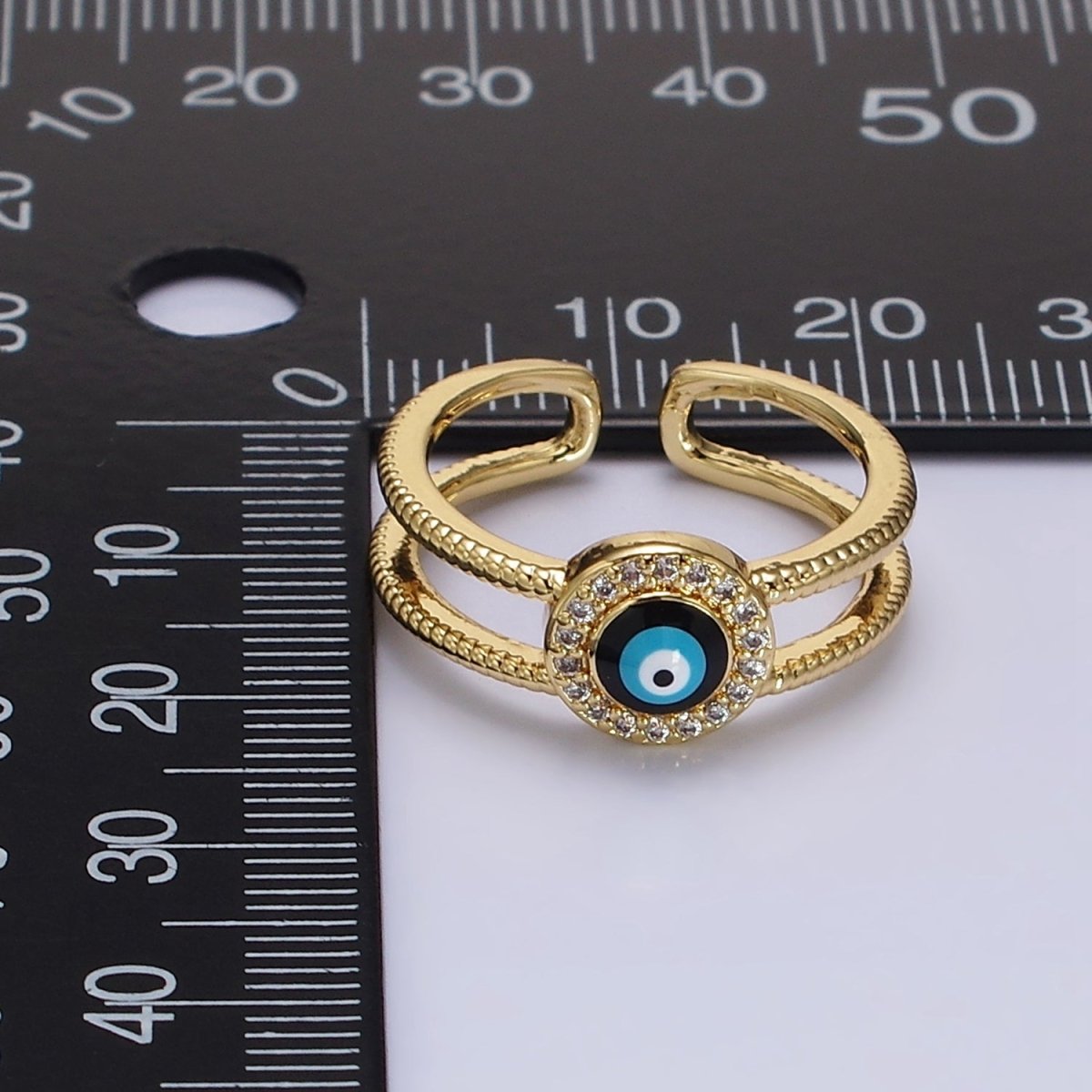 14K Gold Filled Evil Eye Enamel Round Micro Paved CZ Line-Textured Double Band Ring | O-597
