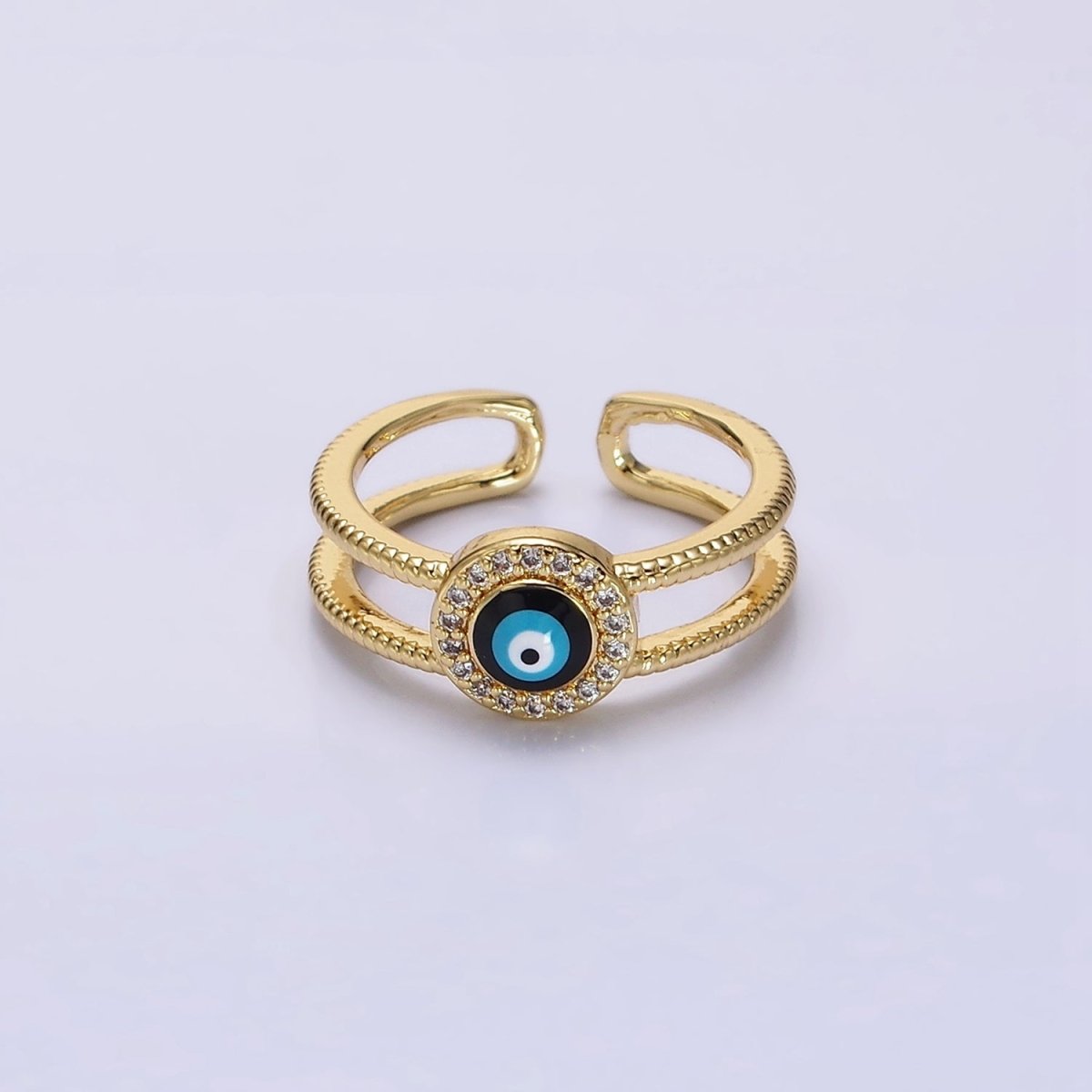 14K Gold Filled Evil Eye Enamel Round Micro Paved CZ Line-Textured Double Band Ring | O-597