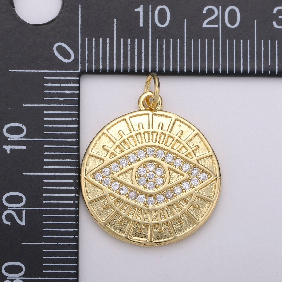 14k Gold Filled Evil Eye Pendant, Micro Pave gold disc Medallion Greek Eye Charm for strength and protection Jewelry Component D-344