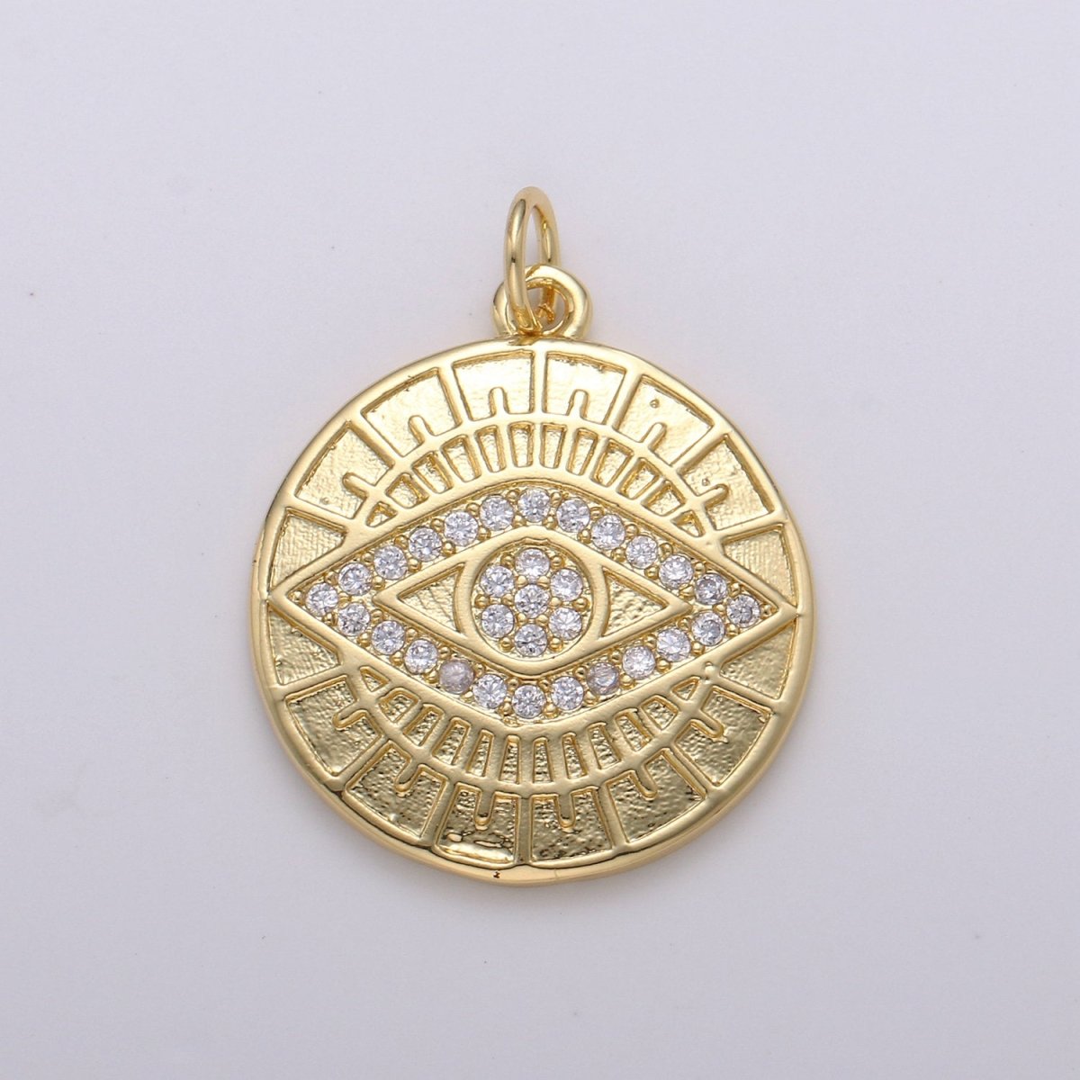 14k Gold Filled Evil Eye Pendant, Micro Pave gold disc Medallion Greek Eye Charm for strength and protection Jewelry Component D-344