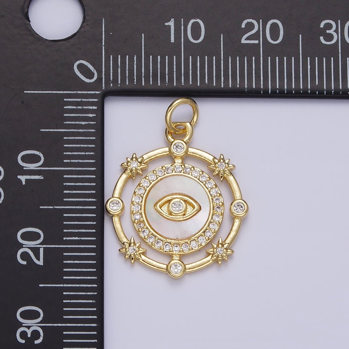 14K Gold Filled Evil Eye Shell Pearl Micro Paved CZ Celestial Star Dotted Round Charm | AC1437