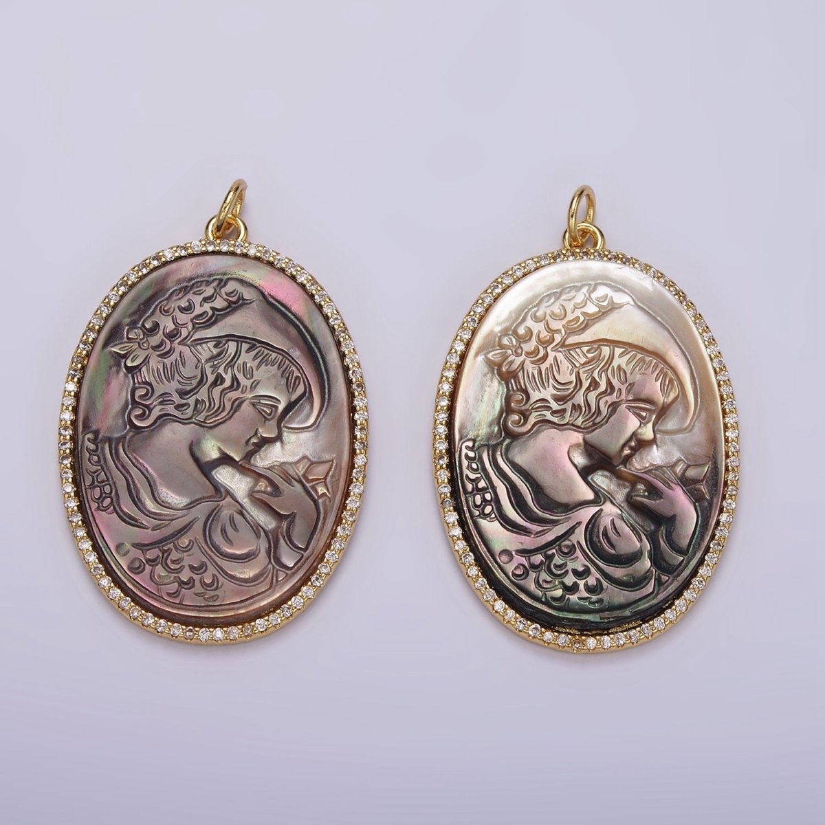 14K Gold Filled Face Portrait Cameo Natural Abalone Pearl Oval Micro Paved CZ Charm | AG518