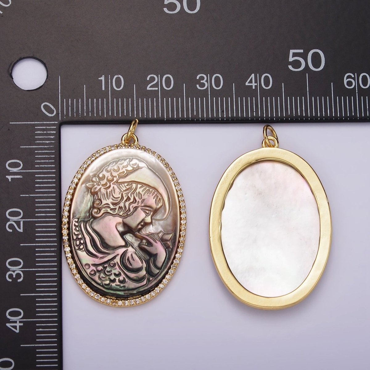 14K Gold Filled Face Portrait Cameo Natural Abalone Pearl Oval Micro Paved CZ Charm | AG518