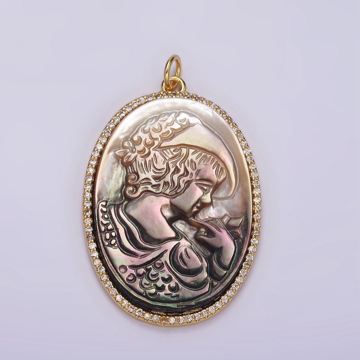 14K Gold Filled Face Portrait Cameo Natural Abalone Pearl Oval Micro Paved CZ Charm | AG518