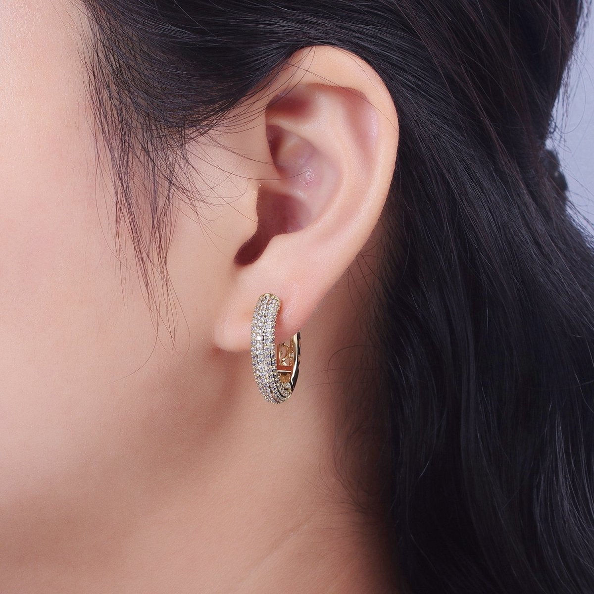 14K Gold Filled Filigree Micro Paved CZ 22.5mm Huggie Earrings | V-031