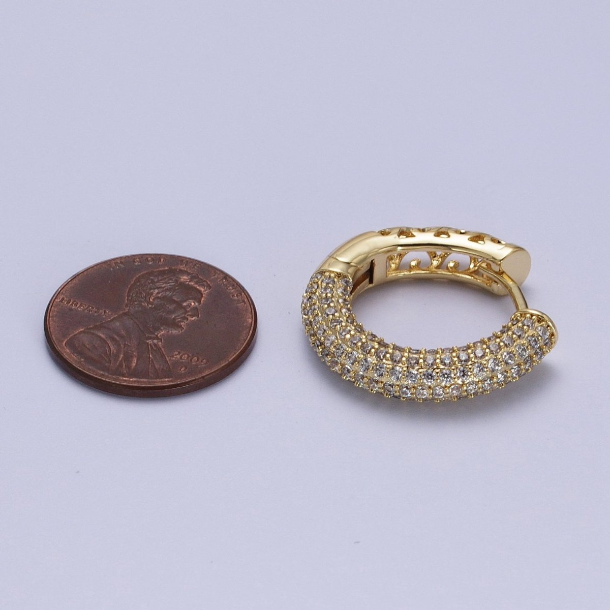 14K Gold Filled Filigree Micro Paved CZ 22.5mm Huggie Earrings | V-031