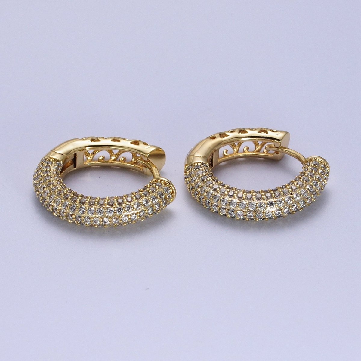 14K Gold Filled Filigree Micro Paved CZ 22.5mm Huggie Earrings | V-031
