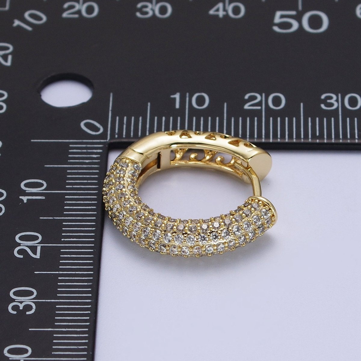 14K Gold Filled Filigree Micro Paved CZ 22.5mm Huggie Earrings | V-031