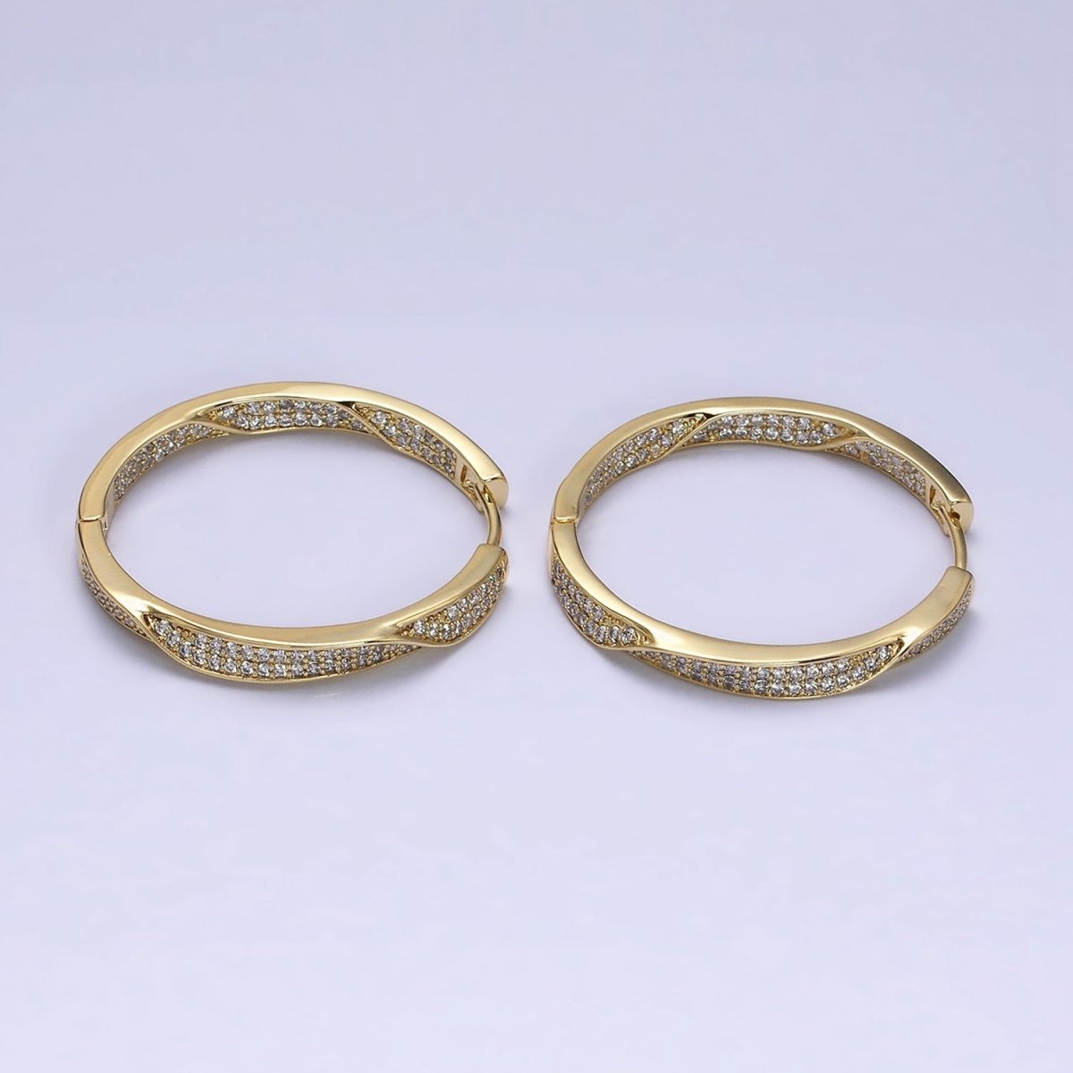14K Gold Filled Flat Twisted Micro Paved CZ Front-Facing 33mm Endless Hoop Earrings | AD1455