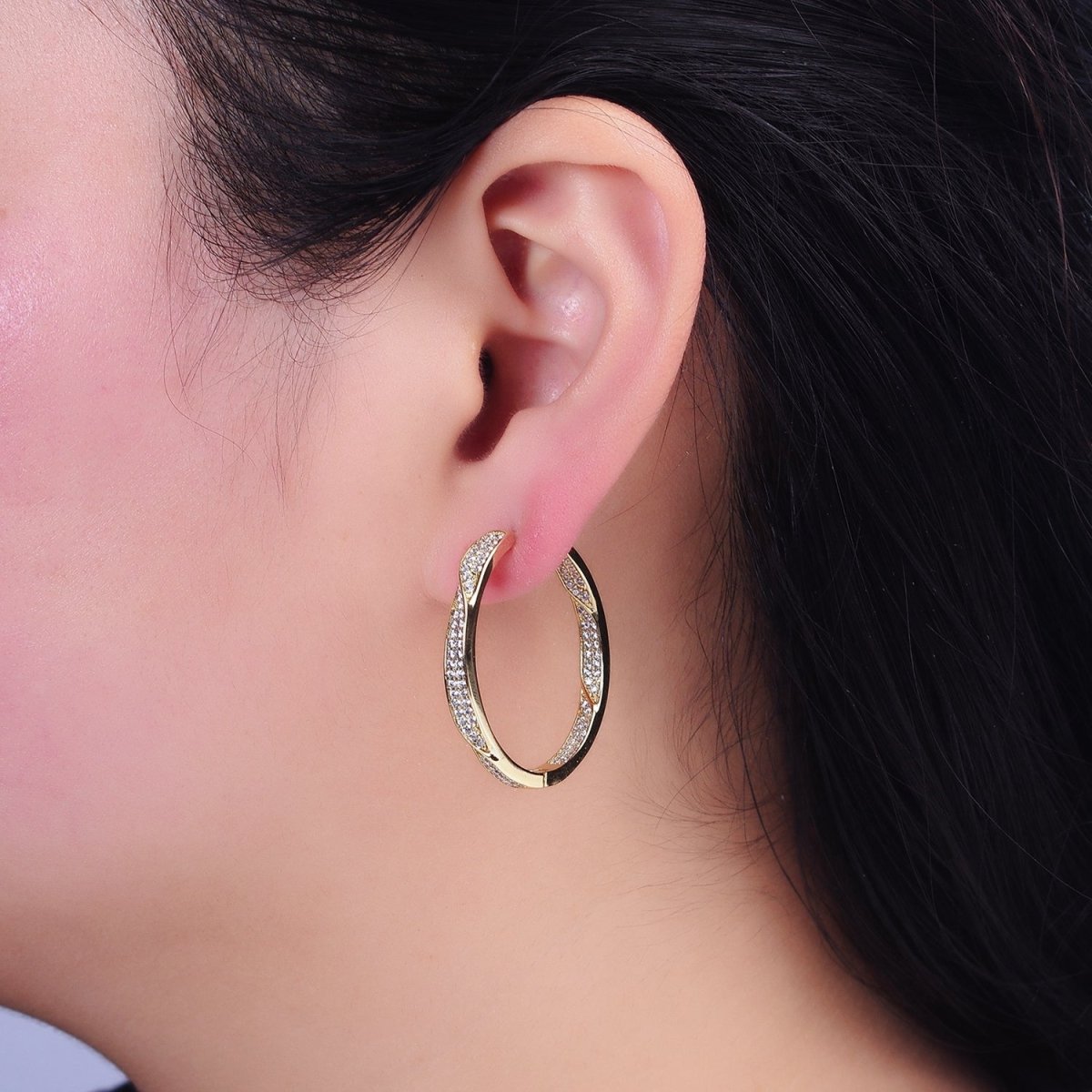 14K Gold Filled Flat Twisted Micro Paved CZ Front-Facing 33mm Endless Hoop Earrings | AD1455