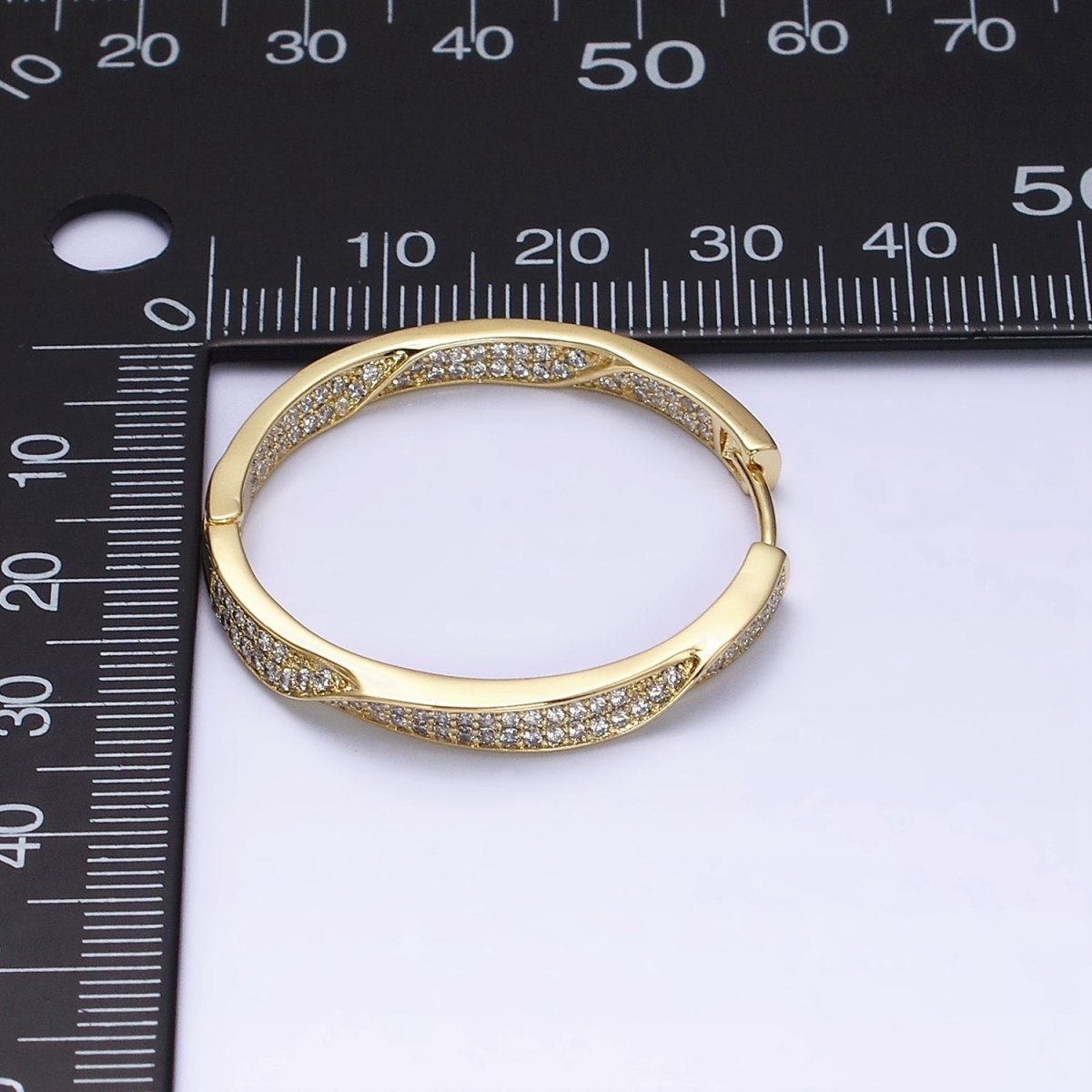 14K Gold Filled Flat Twisted Micro Paved CZ Front-Facing 33mm Endless Hoop Earrings | AD1455