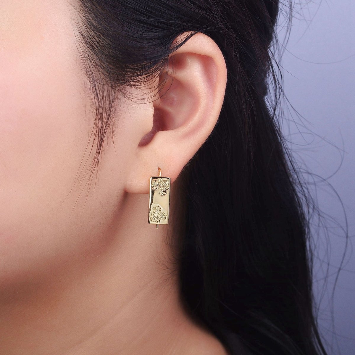 14K Gold Filled Floral Engraved Bar Backward Latch Earrings | AD1466