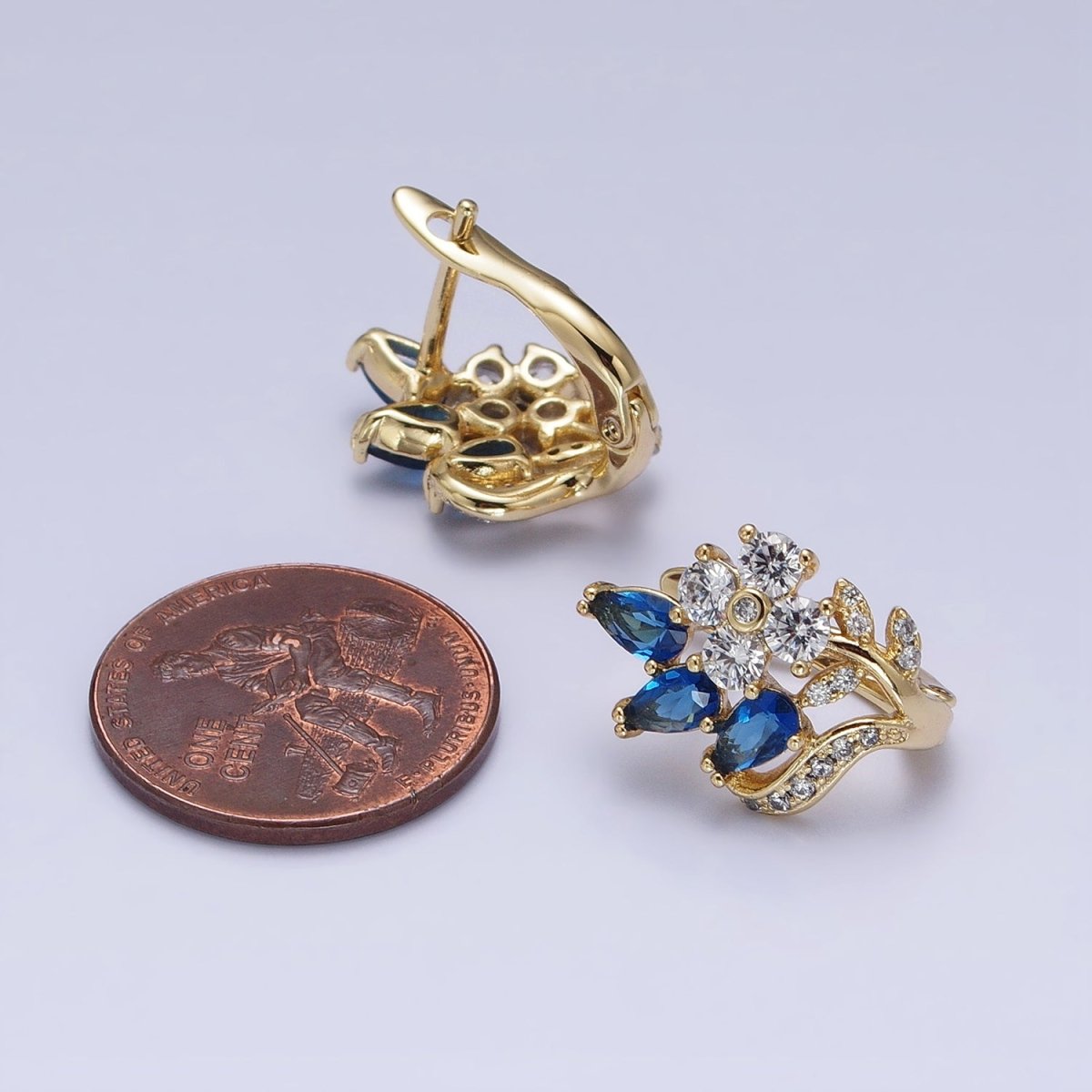 14K Gold Filled Flower Blue Teardrop Micro Paved CZ 13mm Huggie Earrings | AD1384