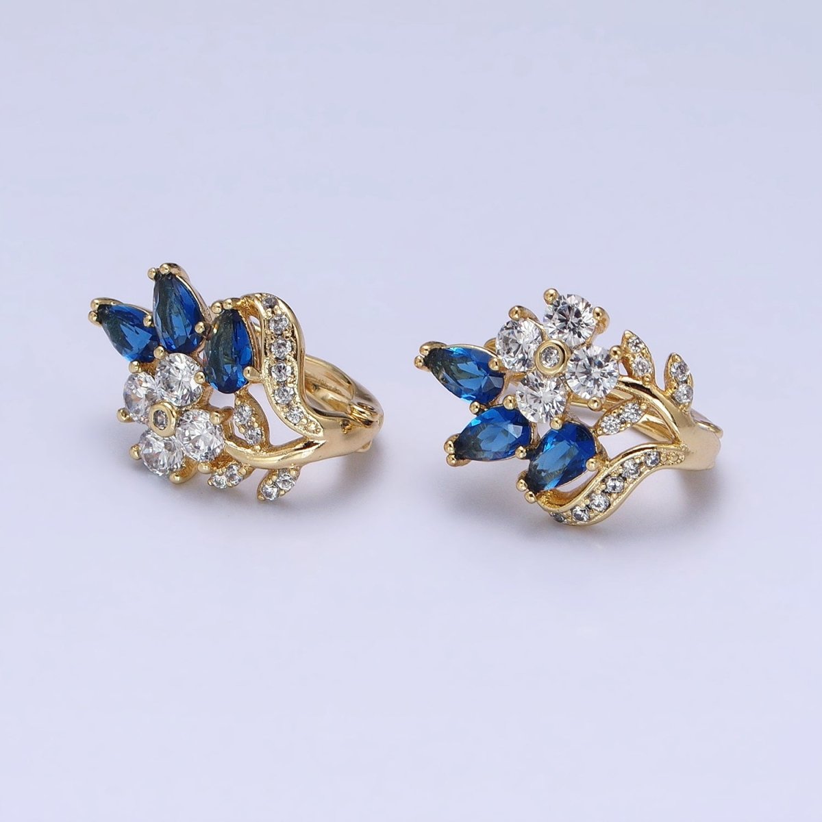 14K Gold Filled Flower Blue Teardrop Micro Paved CZ 13mm Huggie Earrings | AD1384