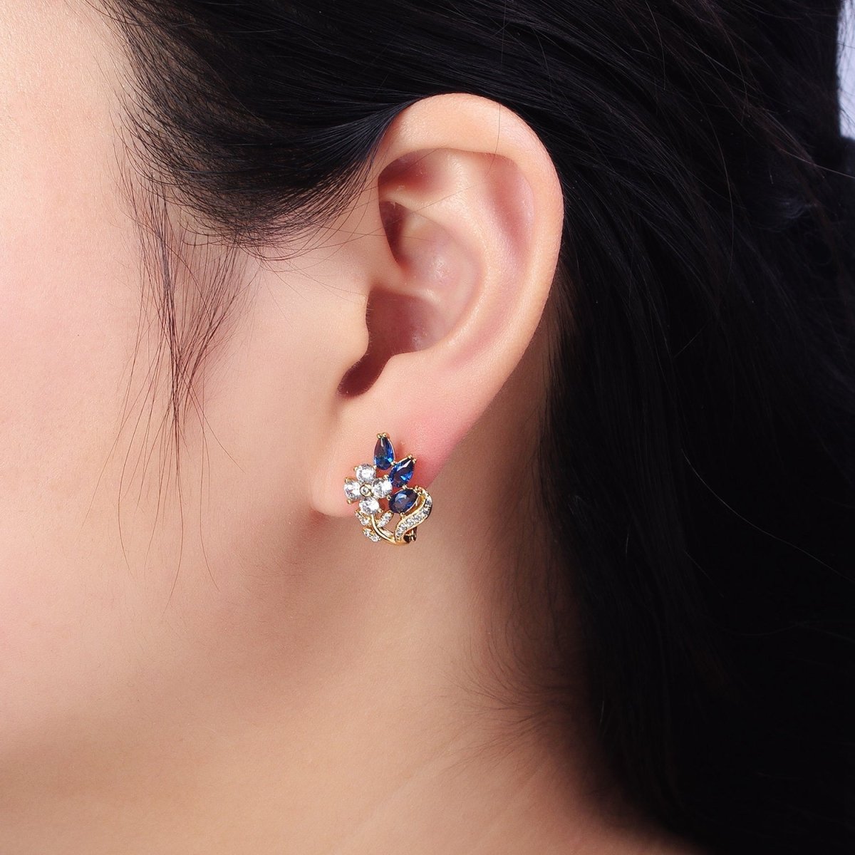 14K Gold Filled Flower Blue Teardrop Micro Paved CZ 13mm Huggie Earrings | AD1384