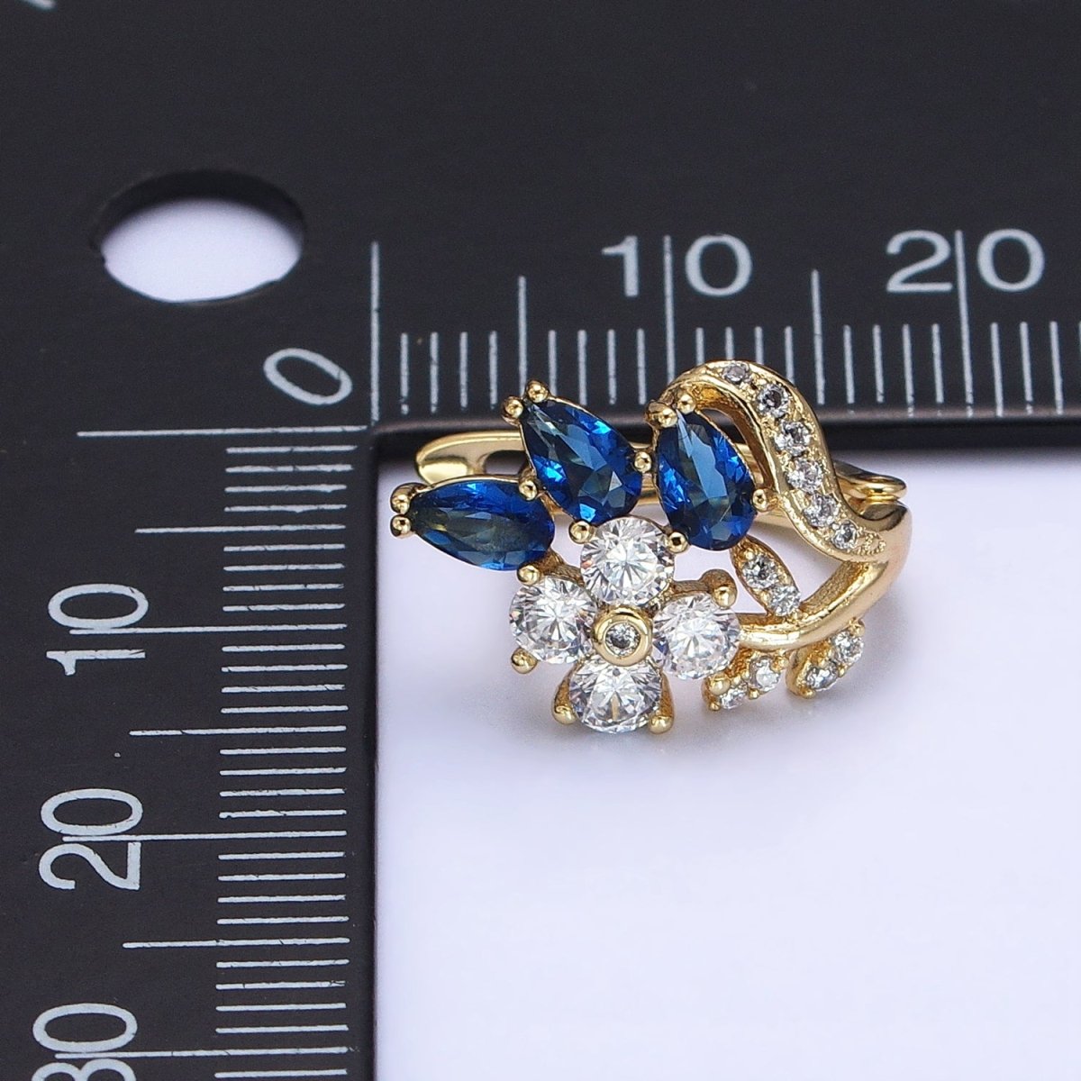 14K Gold Filled Flower Blue Teardrop Micro Paved CZ 13mm Huggie Earrings | AD1384