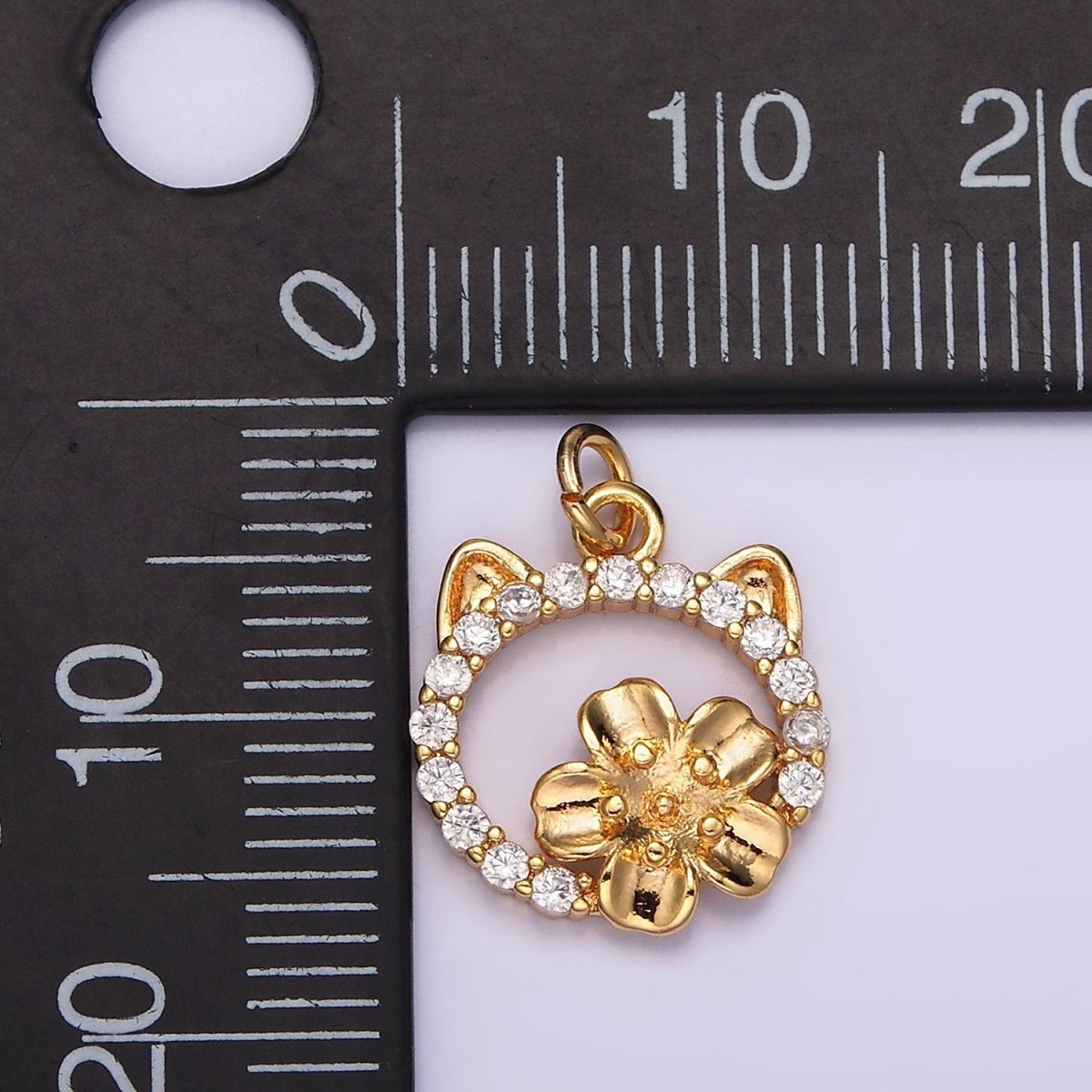 14K Gold Filled Flower Cat Open Micro Paved CZ Round Charm | N1767