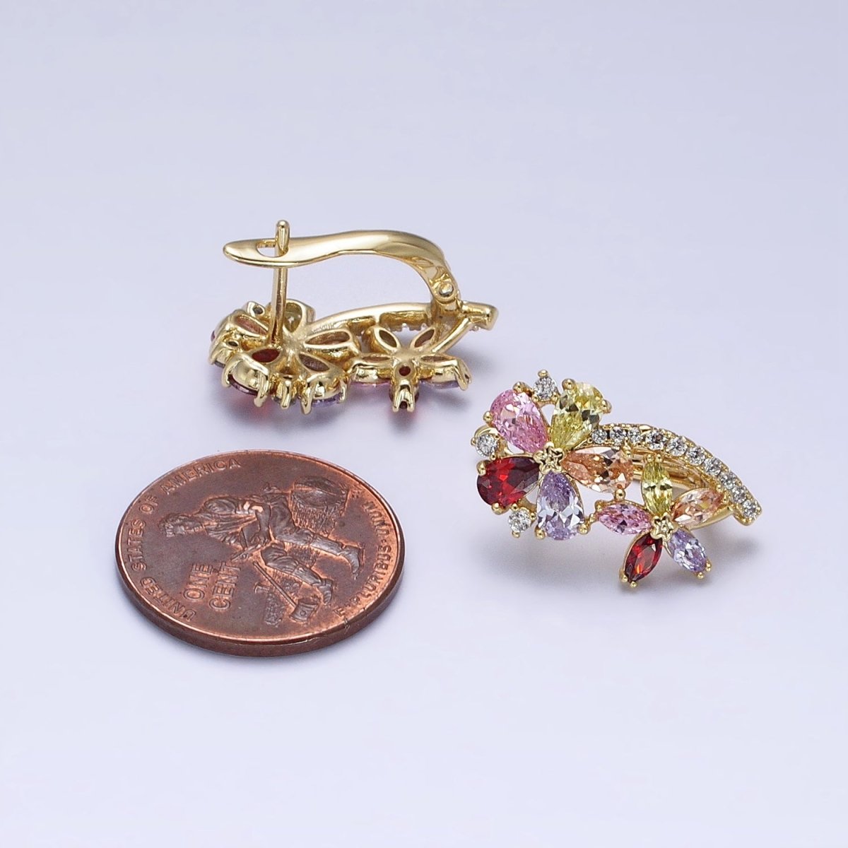 14K Gold Filled Flower CZ Multicolor Teardrop Marquise Micro Paved English Lock Hoop Earrings | AD1437