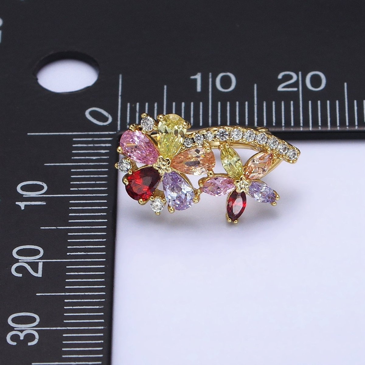 14K Gold Filled Flower CZ Multicolor Teardrop Marquise Micro Paved English Lock Hoop Earrings | AD1437