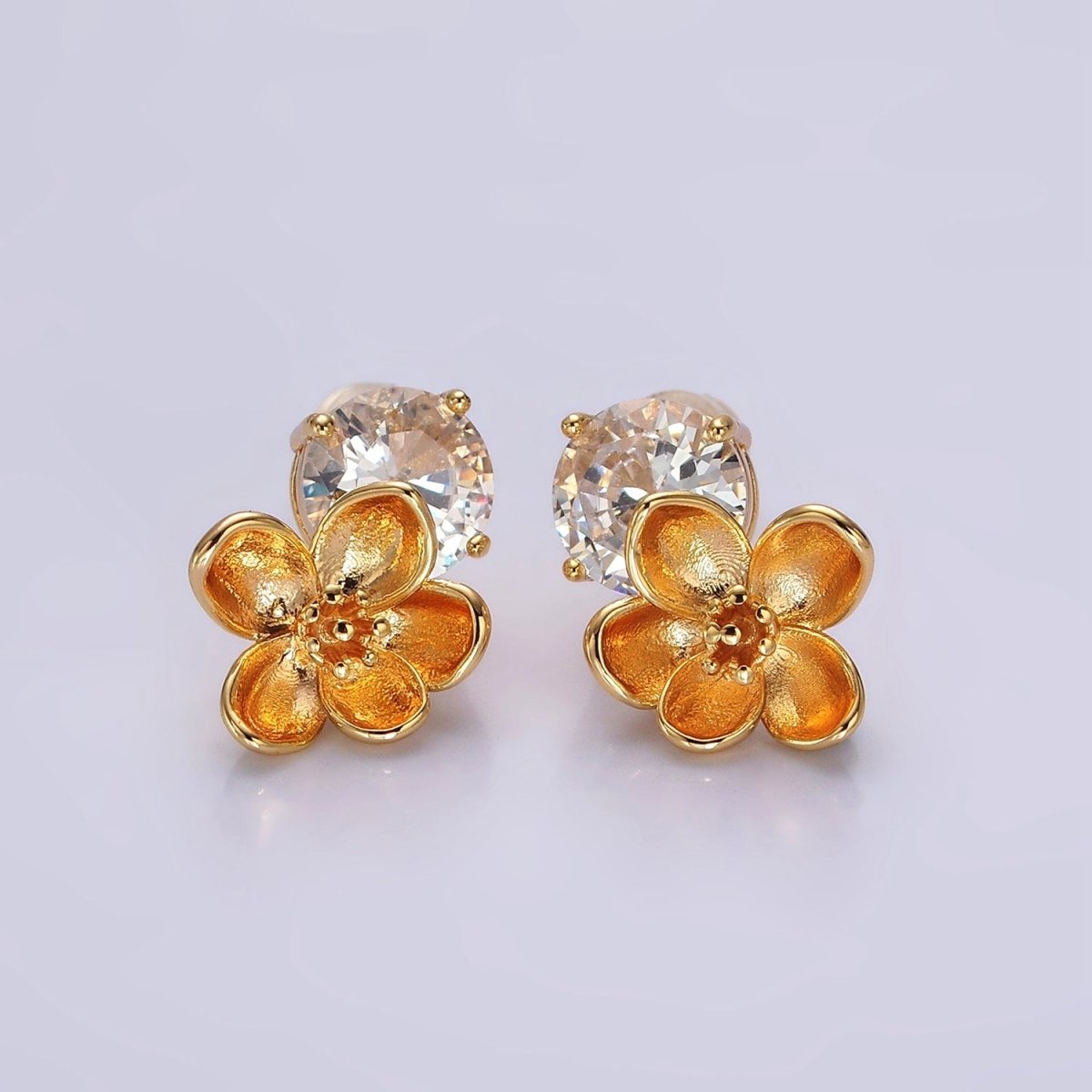 14K Gold Filled Flower Drop Clear CZ Round Stud Earrings Set | AE970