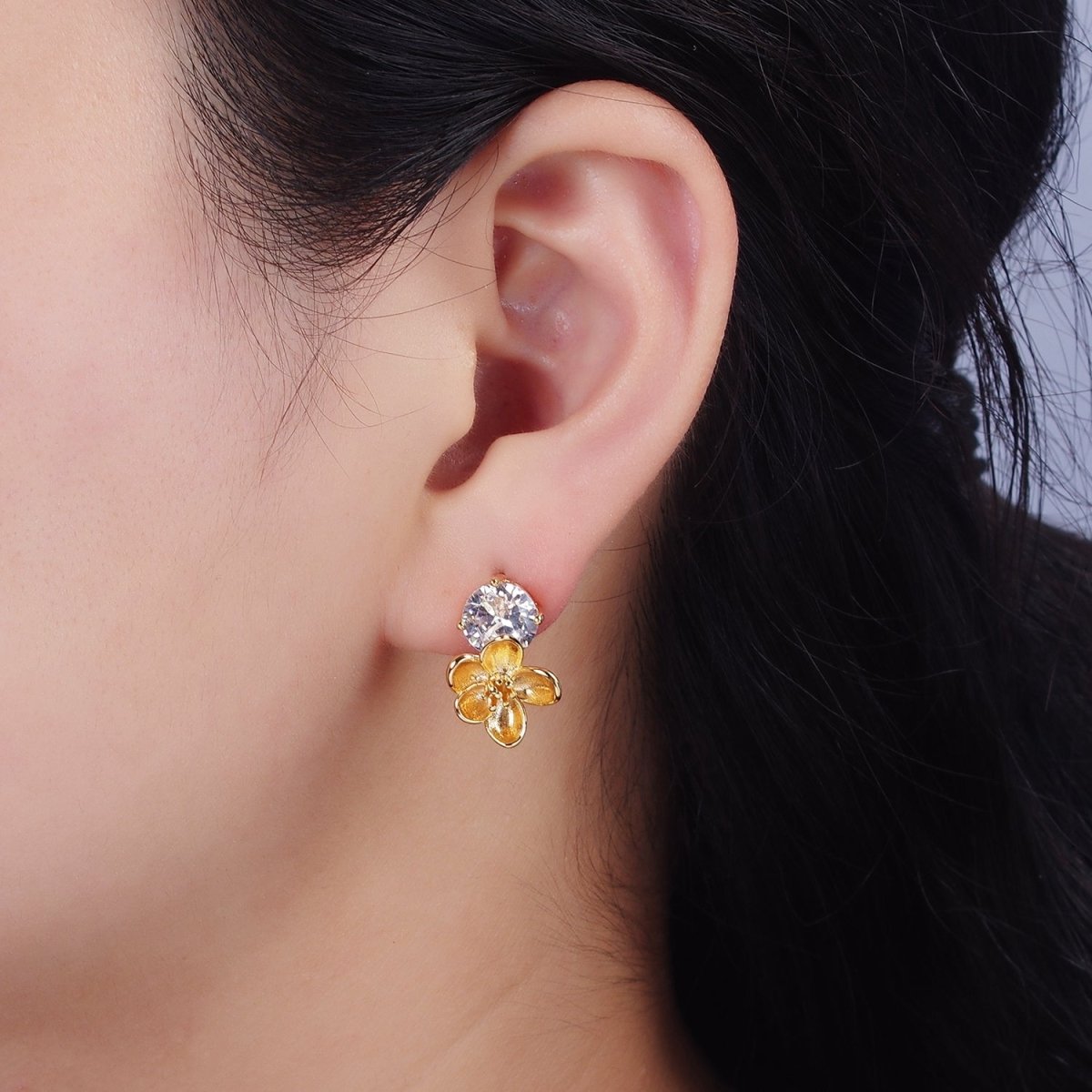 14K Gold Filled Flower Drop Clear CZ Round Stud Earrings Set | AE970
