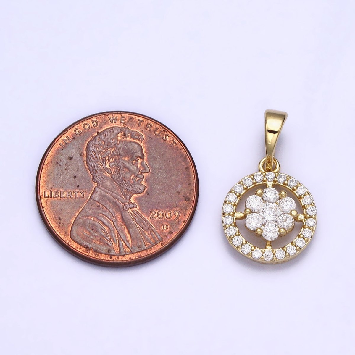 14K Gold Filled Flower Green, Blue, Fuchsia, Clear CZ Flower Micro Paved Round Pendant | AA042 - AA045