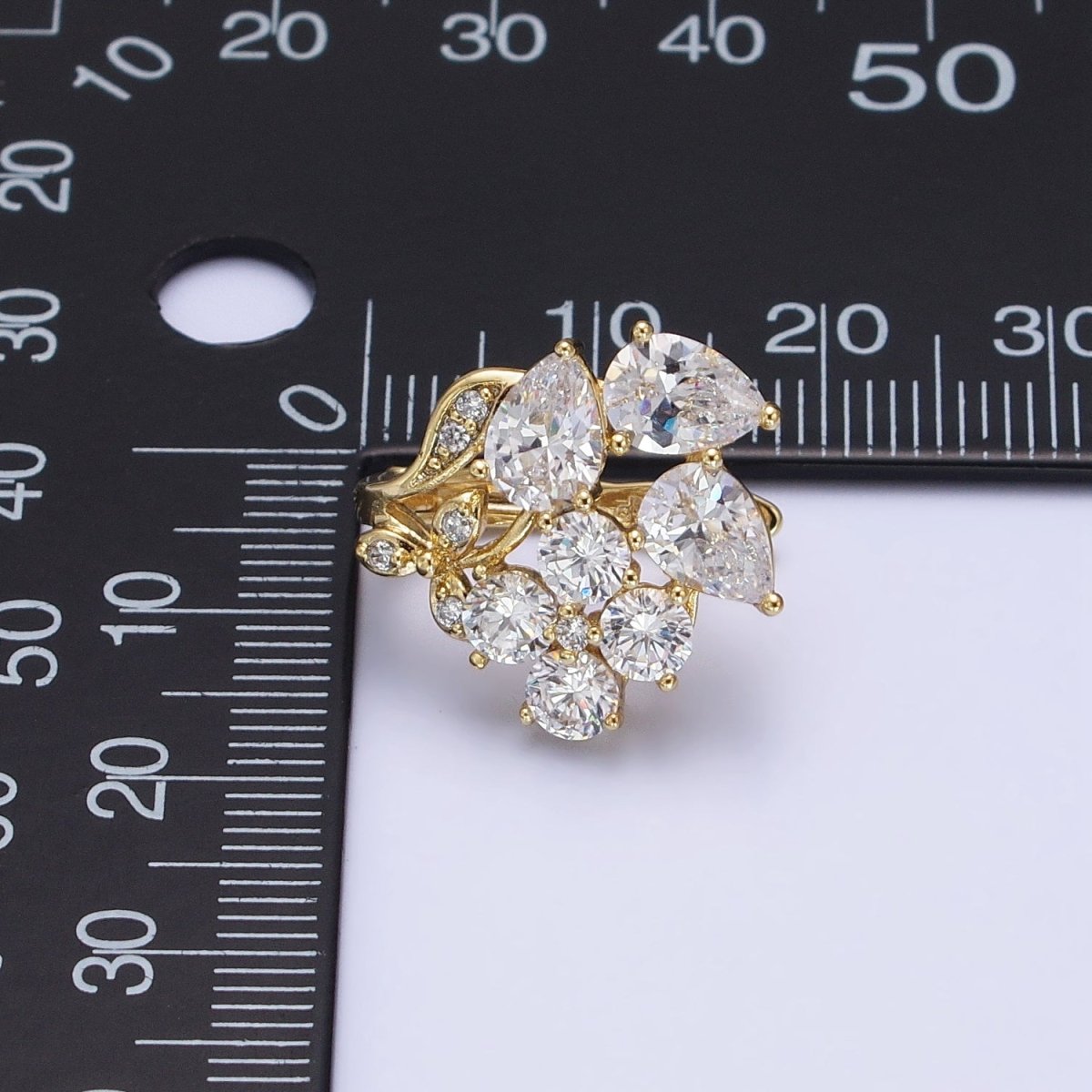 14K Gold Filled Flower Leaf Clear, Black CZ Teardrop Quatrefoil Micro Paved Huggie Earrings | AD1433 AD1434