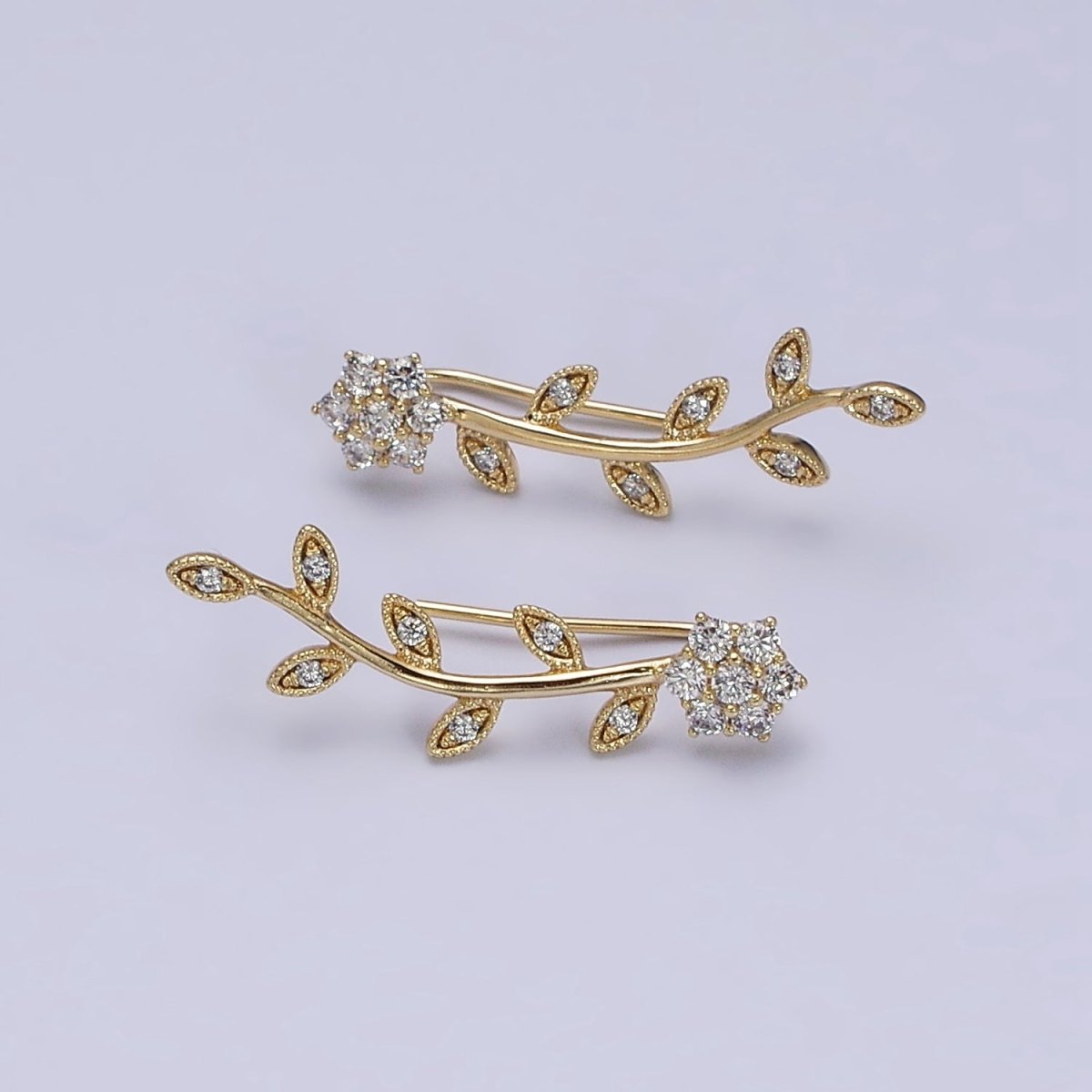 14K Gold Filled Flower Leaves Clear CZ Ear Climber in Gold & Silver | AD1430 AD1431