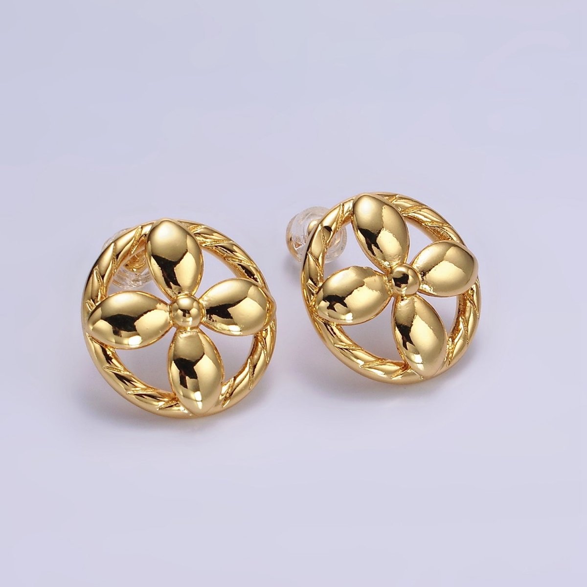 14K Gold Filled Flower Nature Open Lined Braided Round Stud Earrings | AE1004