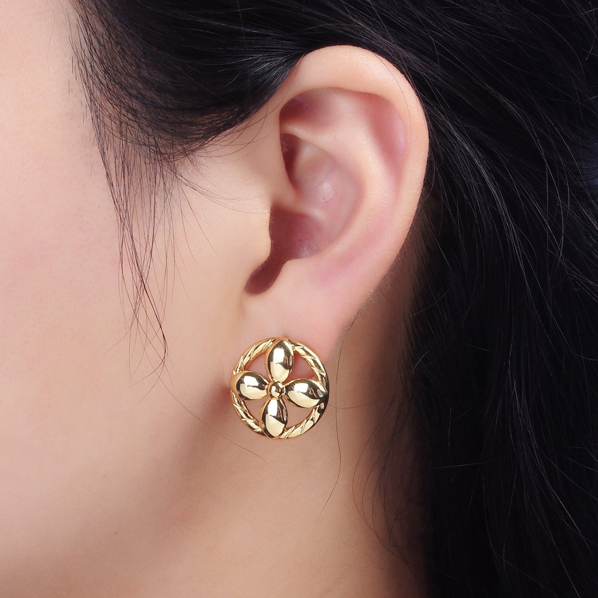 14K Gold Filled Flower Nature Open Lined Braided Round Stud Earrings | AE1004