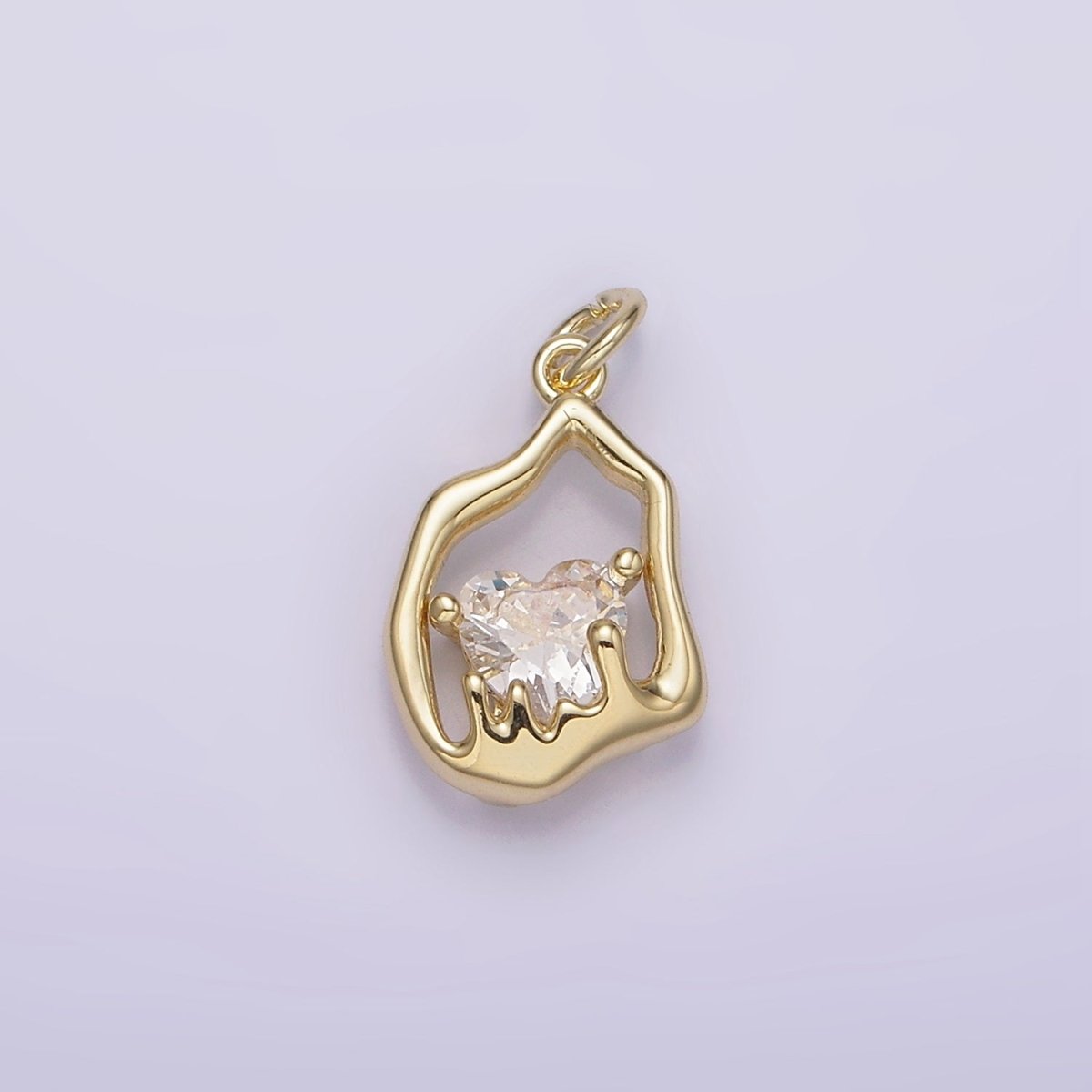 14K Gold Filled Frame Clear Heart CZ Melt Molten Drip Abstract Oval Charm | AG-222