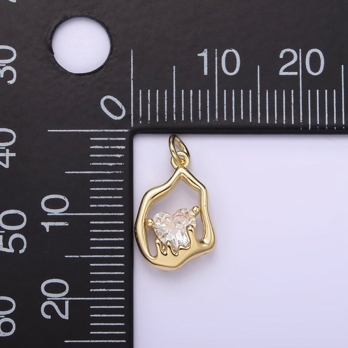 14K Gold Filled Frame Clear Heart CZ Melt Molten Drip Abstract Oval Charm | AG-222
