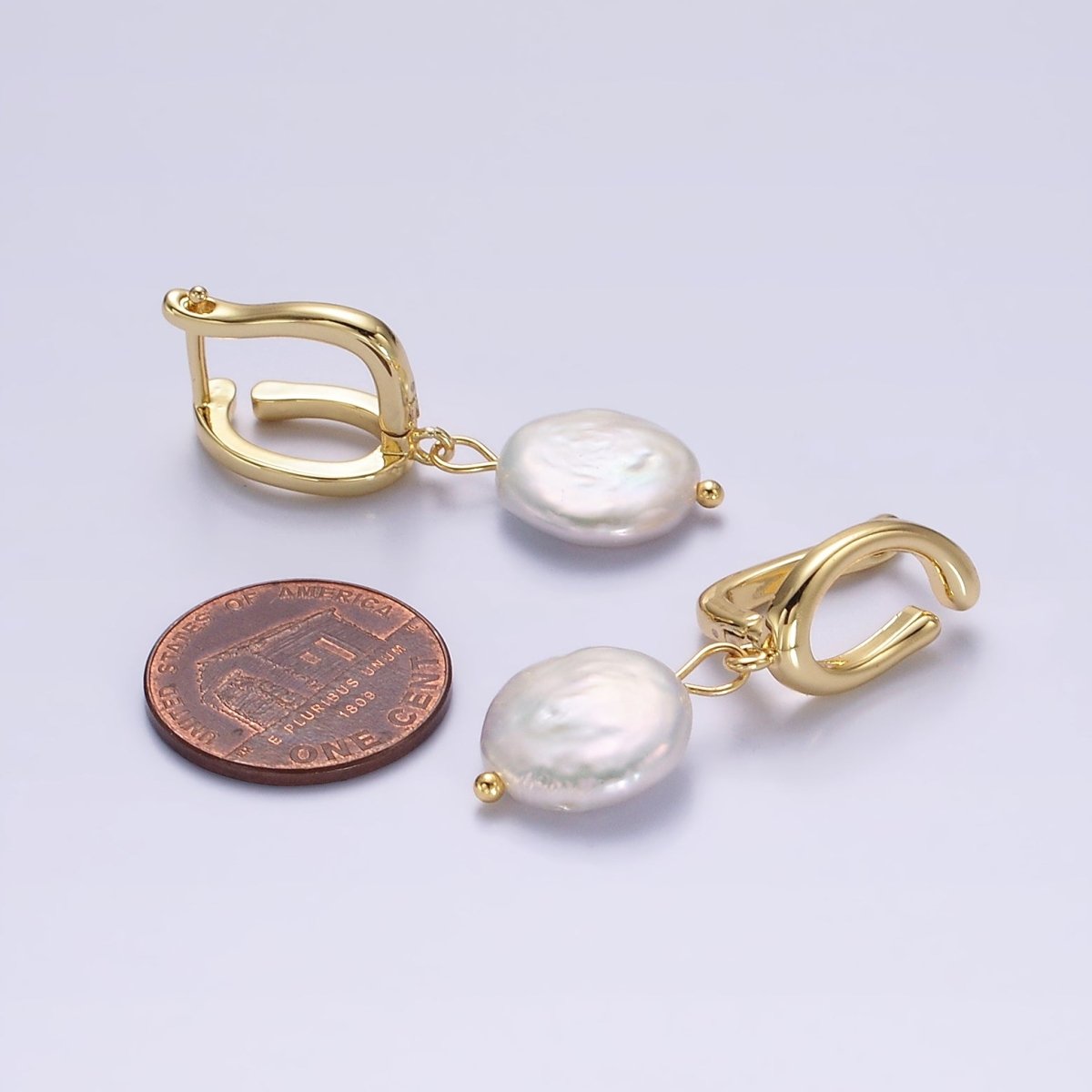 14K Gold Filled Freshwater Pearl Drop Dented Open Oblong English Lock Earrings | AE672