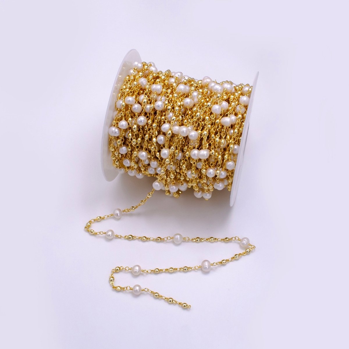 14K Gold Filled Freshwater Pearl Triple Bead Link Unfinished Chain | ROLL-1508
