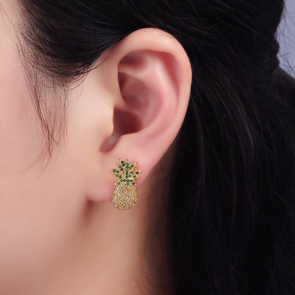 14K Gold Filled Fruit Pineapple Micro Paved CZ Stud Earrings | V490
