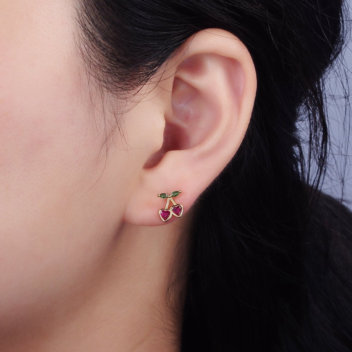 14K Gold Filled Fuchsia CZ Heart Cherry Fruit Stud Earrings | AE971