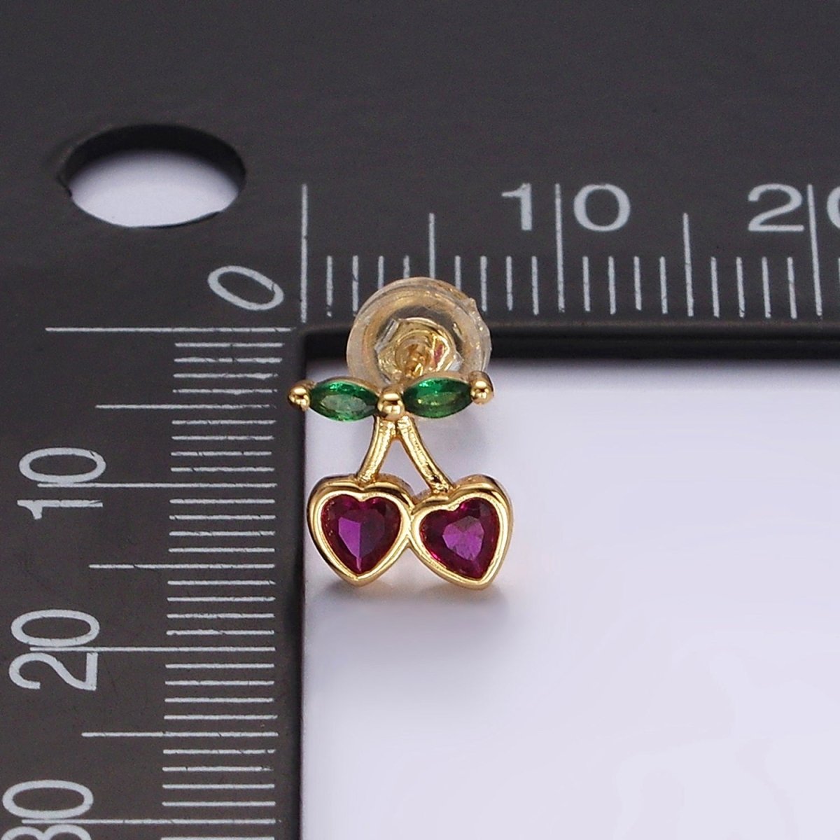 14K Gold Filled Fuchsia CZ Heart Cherry Fruit Stud Earrings | AE971