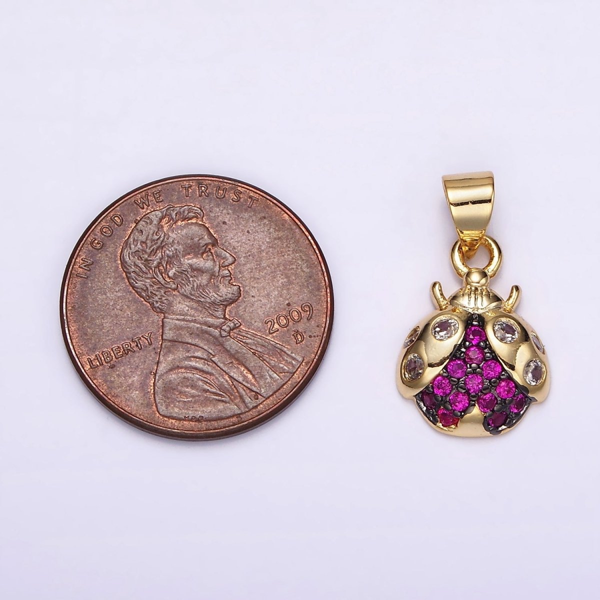 14K Gold Filled Fuchsia CZ Micro Paved Ladybug Insect Animal Pendant | N1951