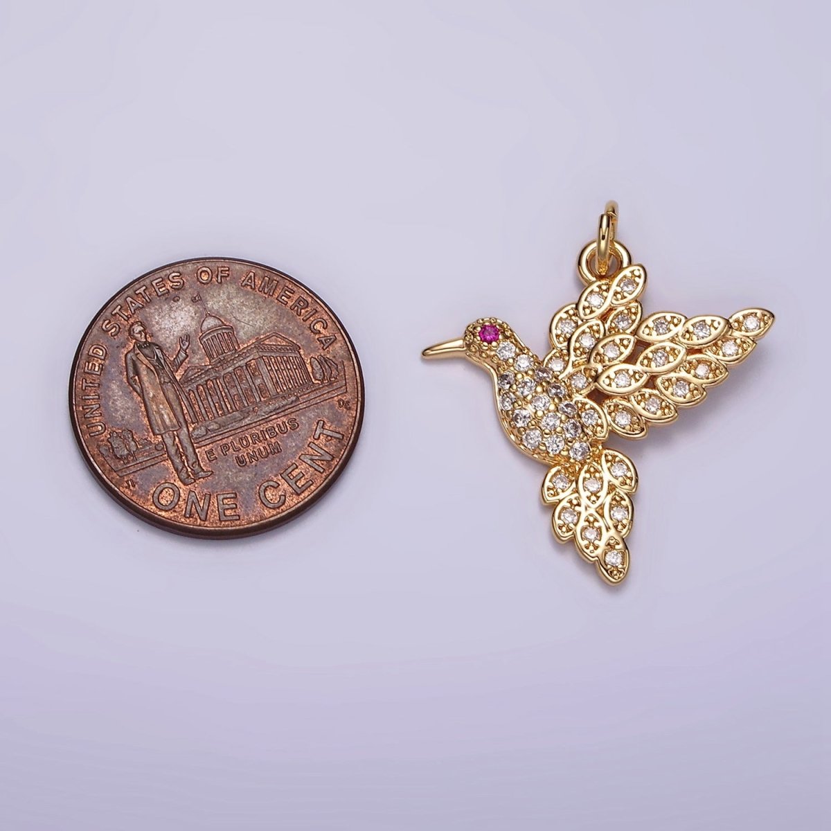 14K Gold Filled Fuchsia-Eyed Bird Animal Micro Paved CZ Charm | AG458