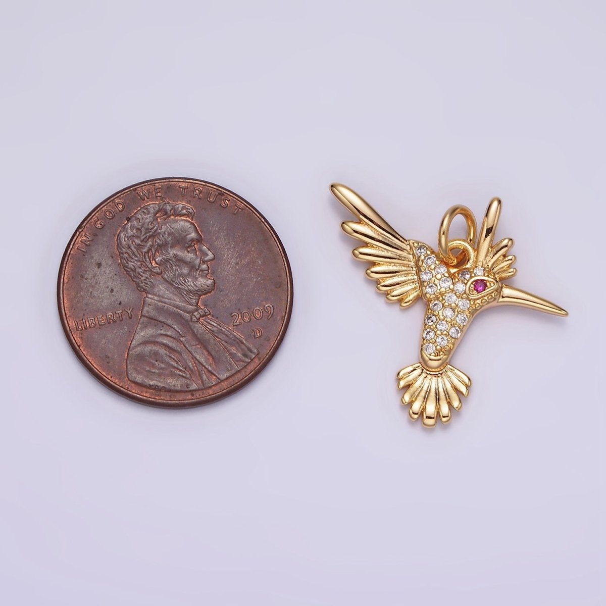 14K Gold Filled Fuchsia-Eyed Micro Paved CZ Flying Bird Charm | AG360