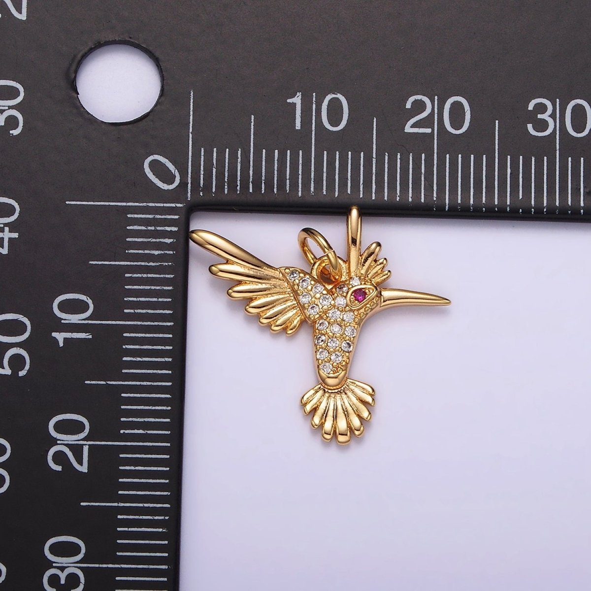 14K Gold Filled Fuchsia-Eyed Micro Paved CZ Flying Bird Charm | AG360