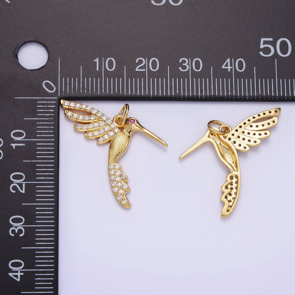 14K Gold Filled Fuchsia-Eyed Micro Paved CZ Lined Bird Animal Charm | AG624