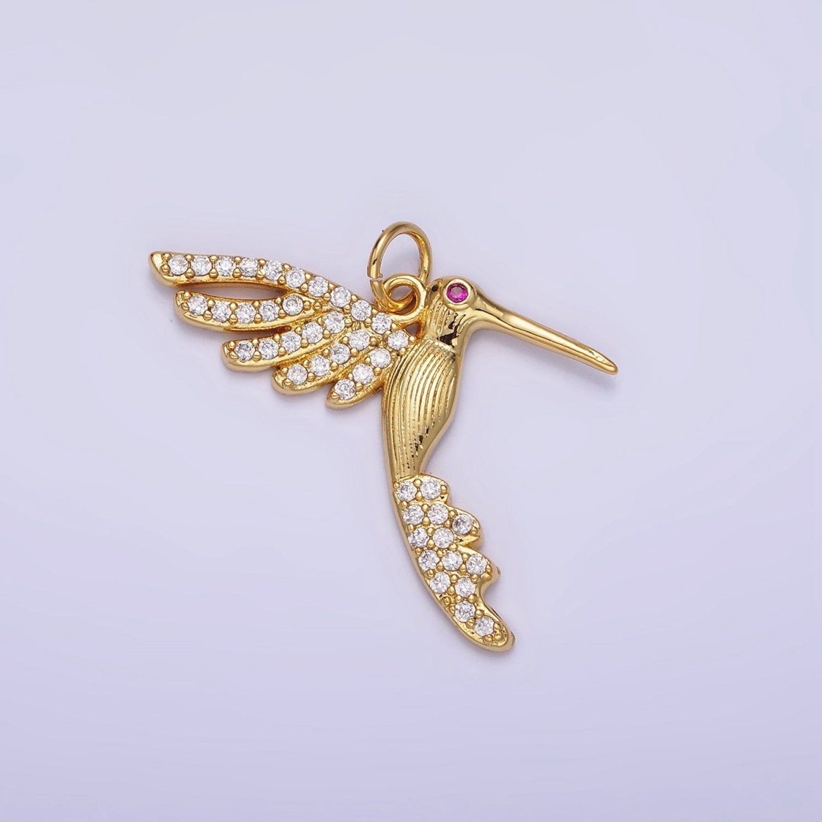14K Gold Filled Fuchsia-Eyed Micro Paved CZ Lined Bird Animal Charm | AG624