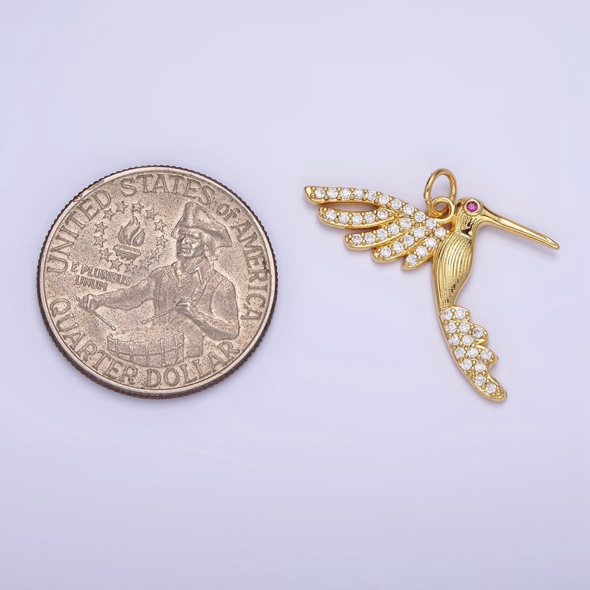14K Gold Filled Fuchsia-Eyed Micro Paved CZ Lined Bird Animal Charm | AG624