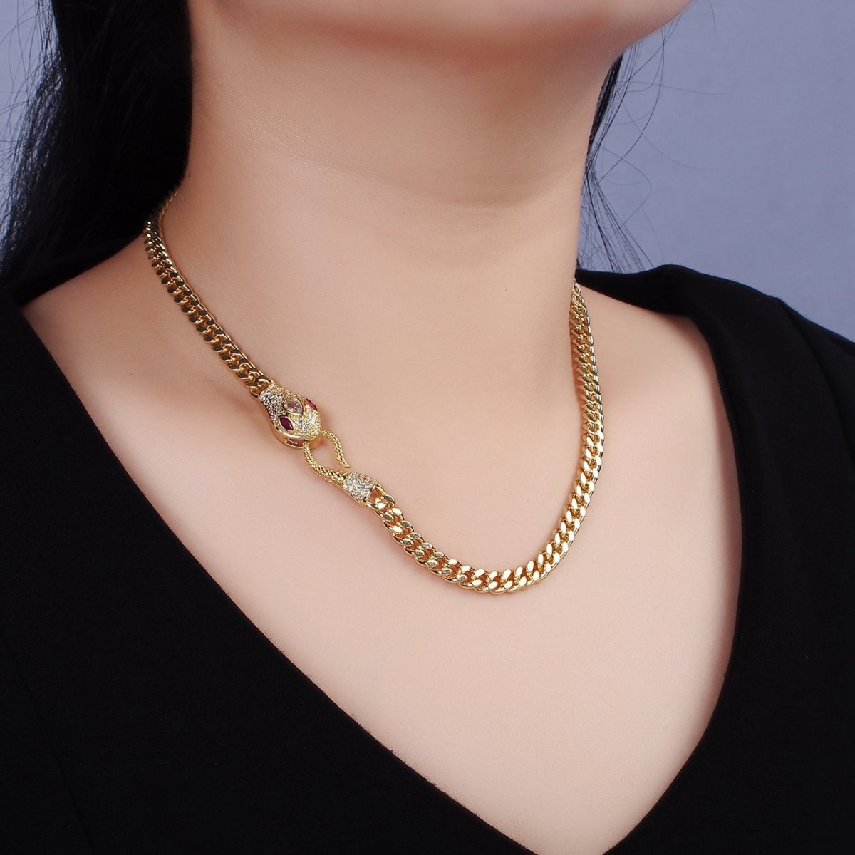 14K Gold Filled Fuchsia, Green Eyed Snake Textured Bite 18 Inch Curb Chain Necklace | WA-2204 - WA-2207 Clearance Pricing